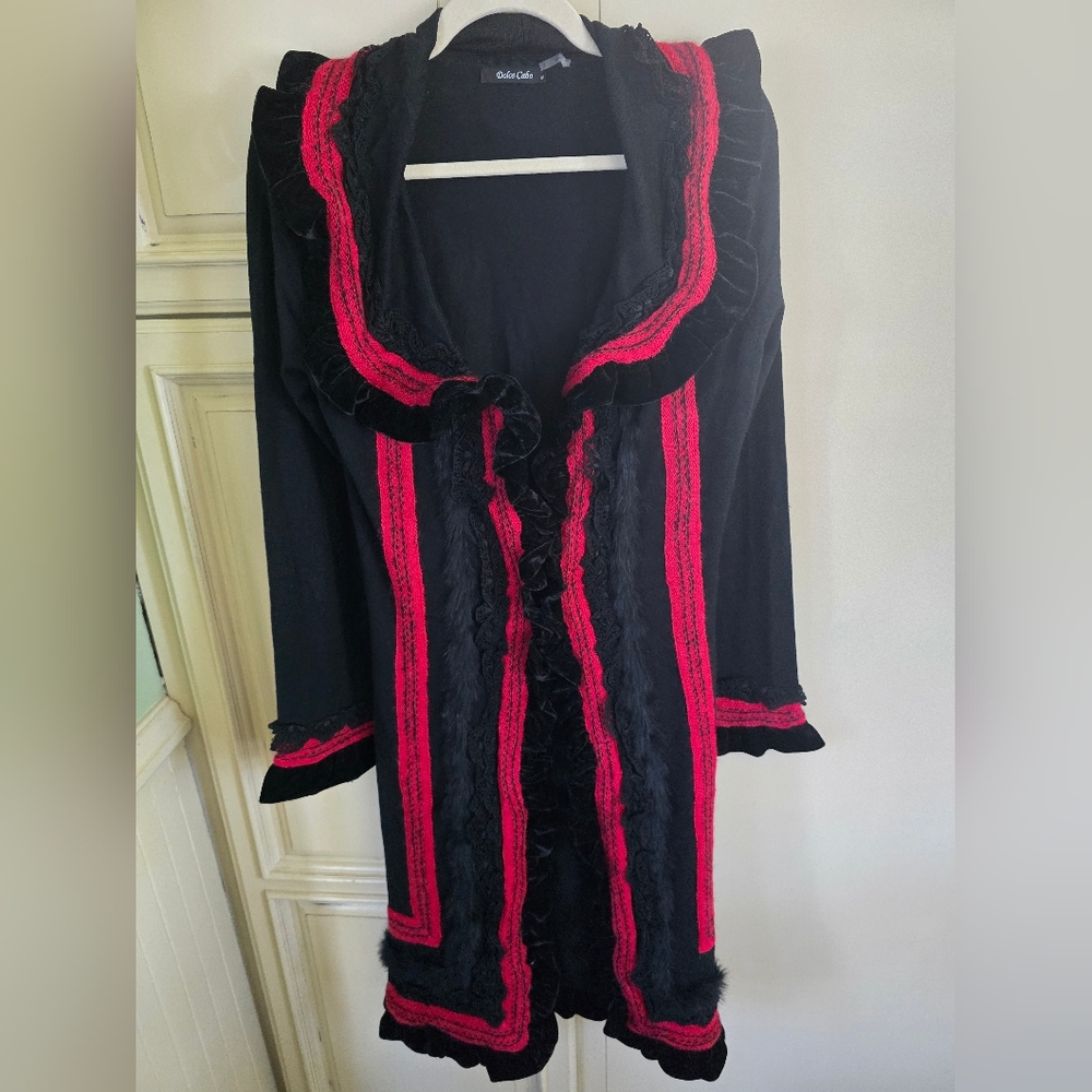 Dolce Cabo Red Blk Long Jacket Style Sweater